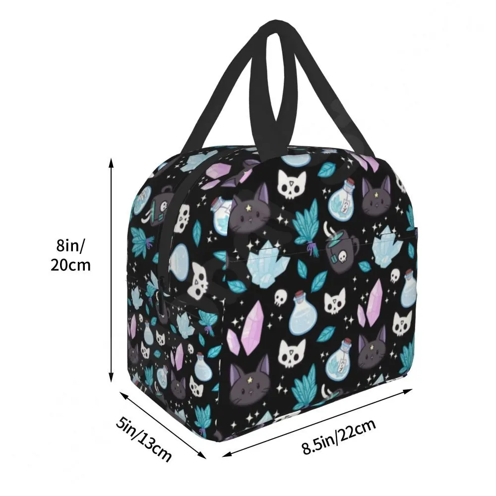 Herb Witch Pattern Insulated Lunch Bag for School Office Halloween Cat Skull Leakproof Cooler Thermal Bento Box Women Children