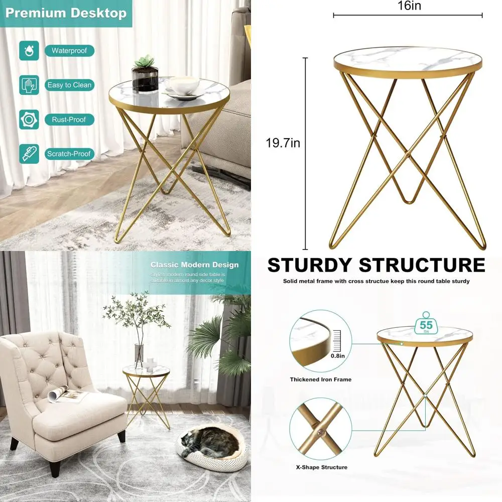 

Contemporary Marble-Top Side Table with Gold Frame for Living Spaces and Bedrooms