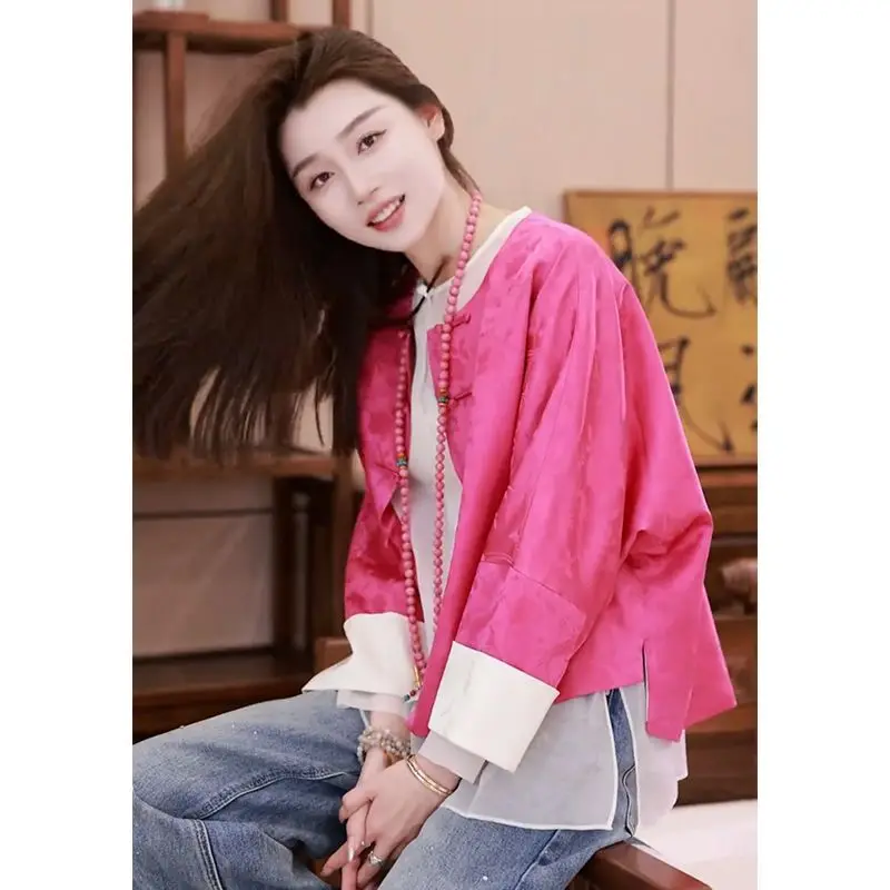 New Chinese Spring New Chinese Style Disc Buckle Coat Female Foreign Style All Casual Round Neck Two-piece Jacket Female Pretty