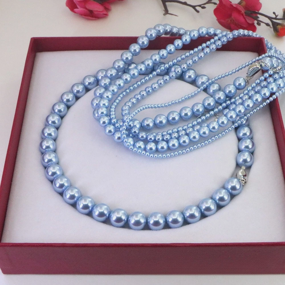 Elegant Ocean Blue Round Pearl Necklace Women's High-end Feeling Pearl Collarbone Chain, Gold Ingot Buckle Wholesale Accessories