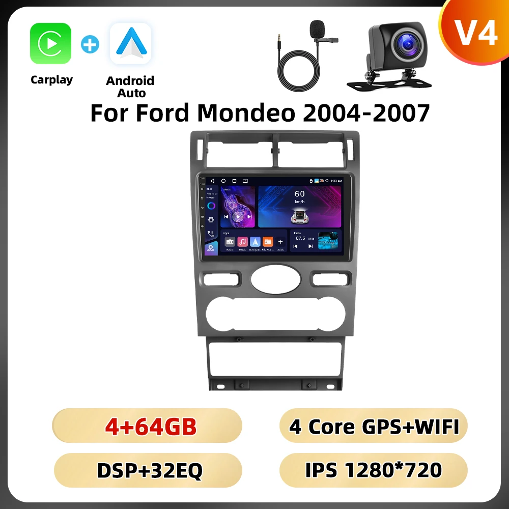 Podofo 9 ''2din Autoradio Voor Ford Mondeo 2004-2007 Multimediaspeler Carplay Android Car Navigation Dsp Ai Voice Bt Car Audio
