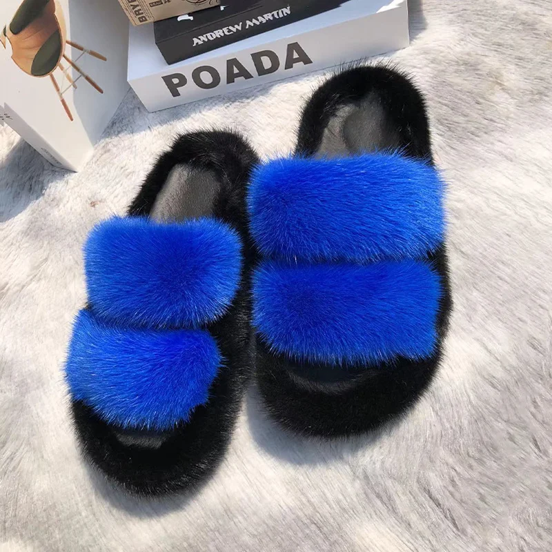 

Mink Fur Slipers Women Sandals Women's Fur Slippers Open Toe Shoes Fashion Casual Sandals Female Designer Flat Shoes Summer 2025