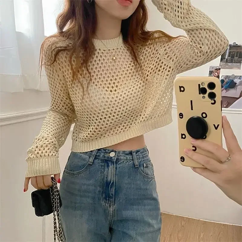 

Pullovers Women Summer Breathable Fashion Thin Solid Simple Sun-proof Holiday Tender Soft Female Hollow Out Design Ulzzang Chic