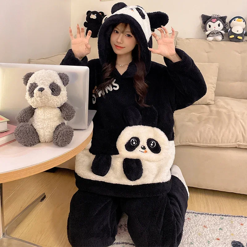 Winter Sleepwear Women Pajama Set Fleece Velvet Cute Panda Home Suit Plush Hooded Piiama Korean Warm Night Wear Homewear Pijama