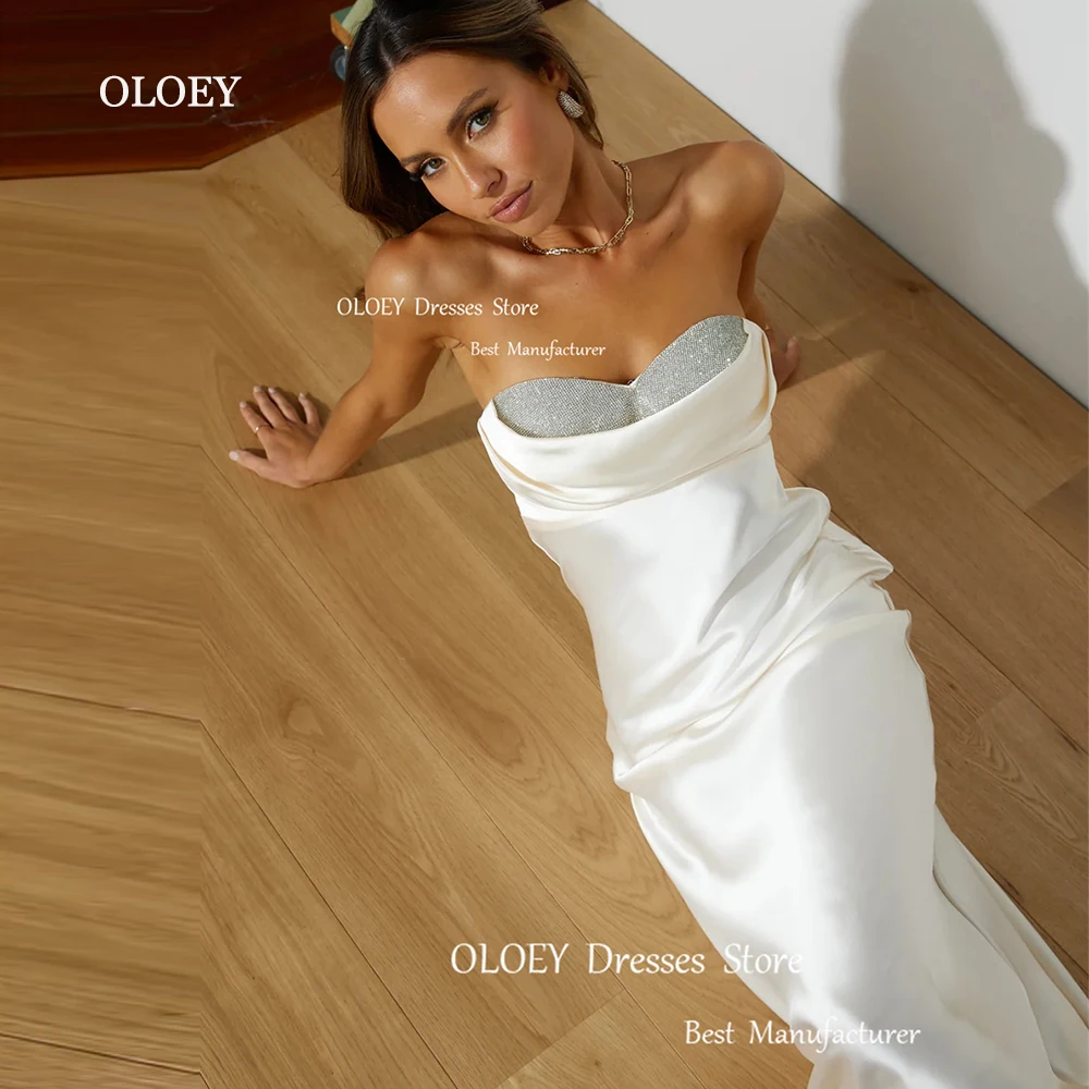 

OLOEY Elegant Sparkly Crystal Sweetheart Evening Dresses Pleated Satin Wedding Party Dresses Ankle Length Formal Gowns Custom