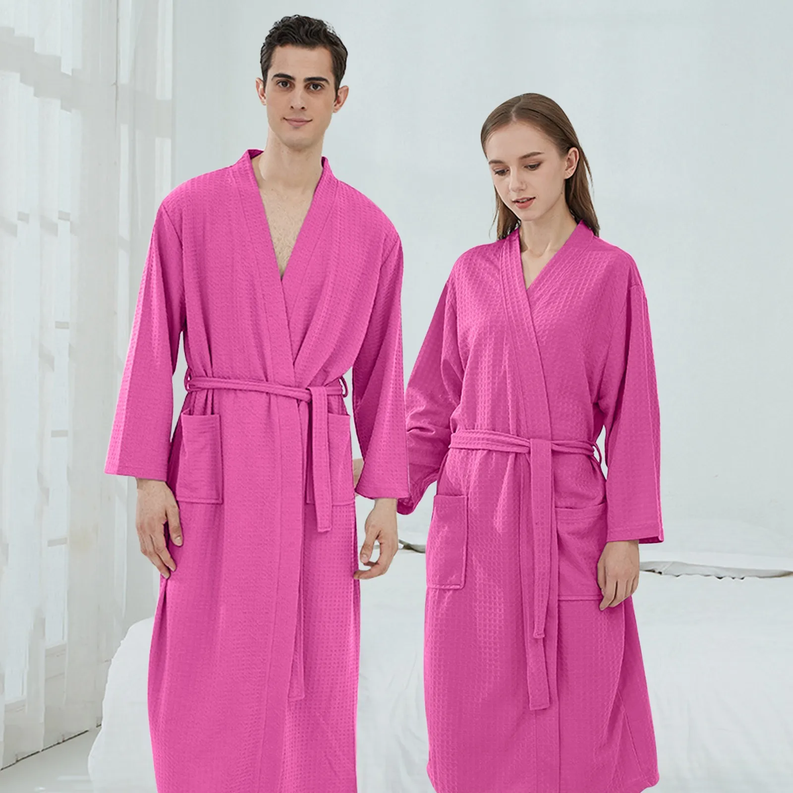 Waffle Bathrobe For Ladies Men Couple Cloth Robe Sleepwear Dressing Gown With Pocket V-Neck Lace-Up New In Women\'s Sleepwear