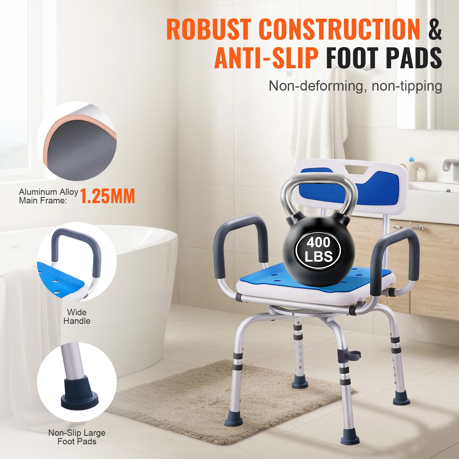 SucceBuy Swivel Shower Chair 360 Degree Adjustable with Armrest and Backrest for Shower or Bathtub Non-Slip for Elderly Disabled image 4