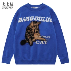 Mens Knitted Sweater Women Letter Cute Cat Flocking Street Harajuku Jumper Unisex Cartoon Hip Hop Retro Casual Pullover Spring