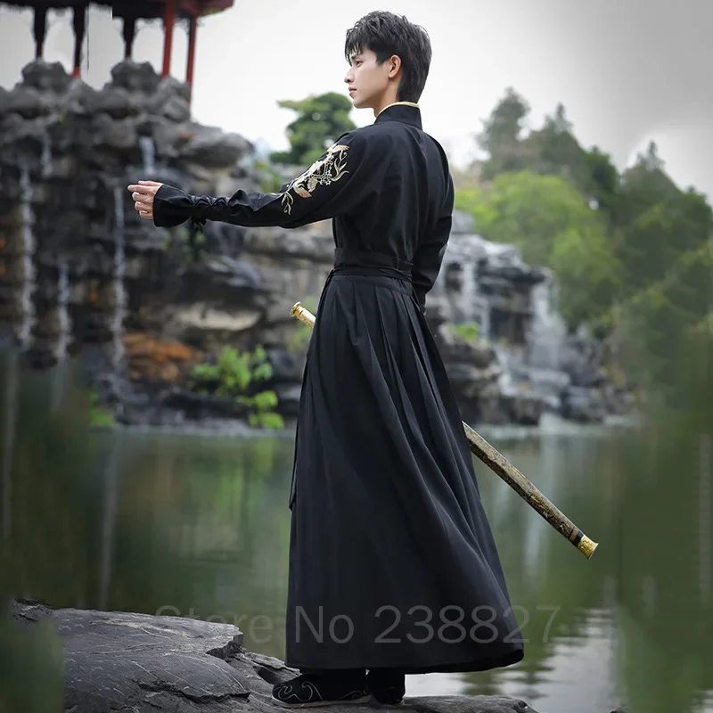 WATER Men's Hanfu Chinese Style Handsome Belly Black Childe Martial Arts Style Male Student Youth Team Performance Dress