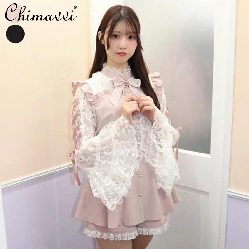 

Japanese Style Mass-Produced Lace Sleeve Dress Set Sweet Bow Slim Dress Top + Shorts Two-Piece Lolita Princess SC Outfits Women
