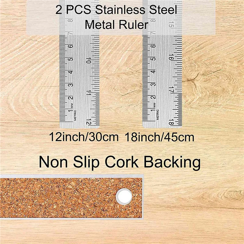 

6X Metal Ruler With Cork Backing:(12+18 Inch) Stainless Steel Ruler Non-Slip Rulers With Inch And Centimeters