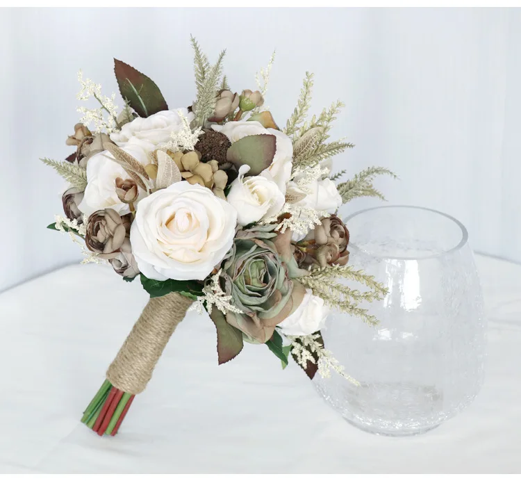 Bouquet de mariée poney vintage, ivoire, blanc et marron, fausses fleurs, pour un mariage en plein air, 2023