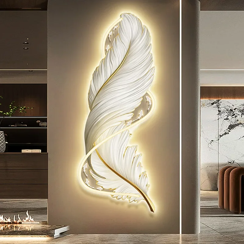 

led with light porch vertical version luminous feather mural light luxury high-end living room decorative painting sofa backgrou