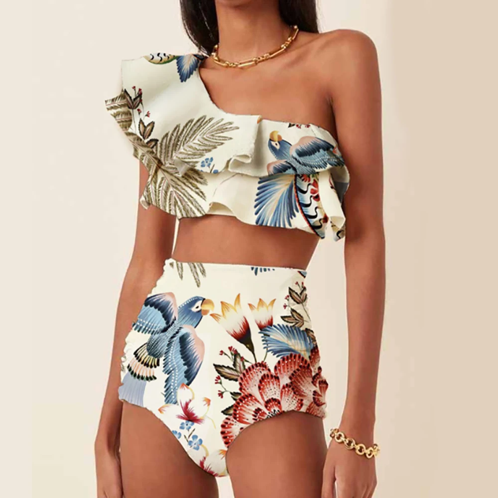 2024 Mode Een Schouder Ruche Badpak Kleurrijke Papegaaienprint Bikini Hoge Taille Rugloze Sexy Strandkleding Chic Zwembadkleding Vrouwen