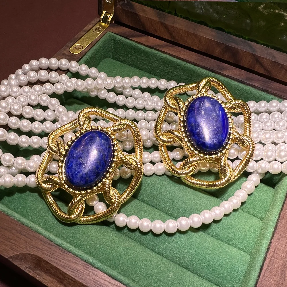 Medieval vintage lapis lazuli hollow earrings, cross-border hot-selling high-end natural stone retro exquisite earrings in Europ