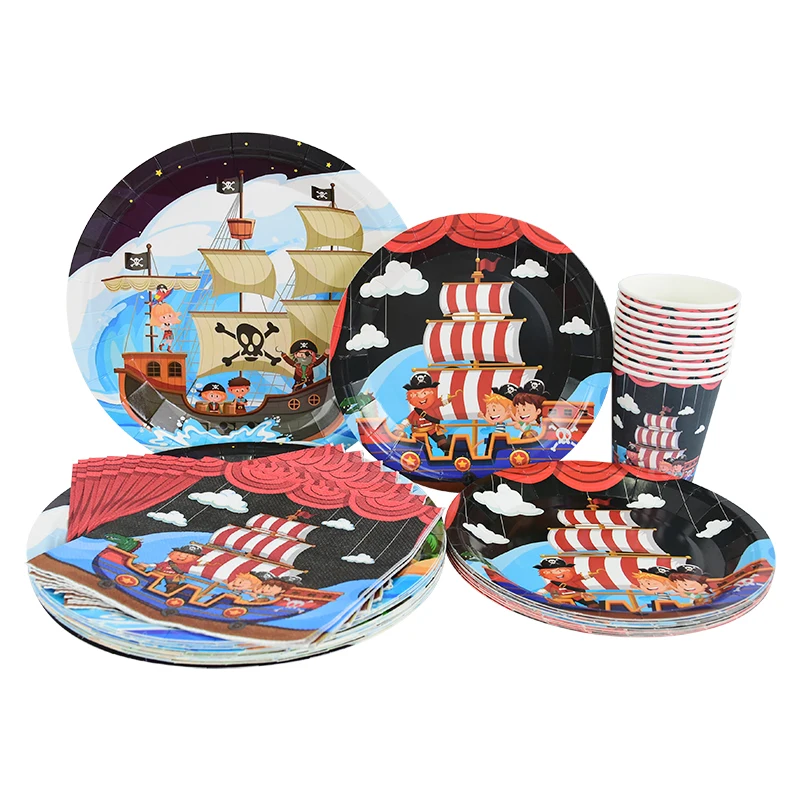 Caribbean Pirate Theme Party Disposable Tableware Halloween Decoration   Pirates Printed Paper Cup Plate Tissue Birthday Decor