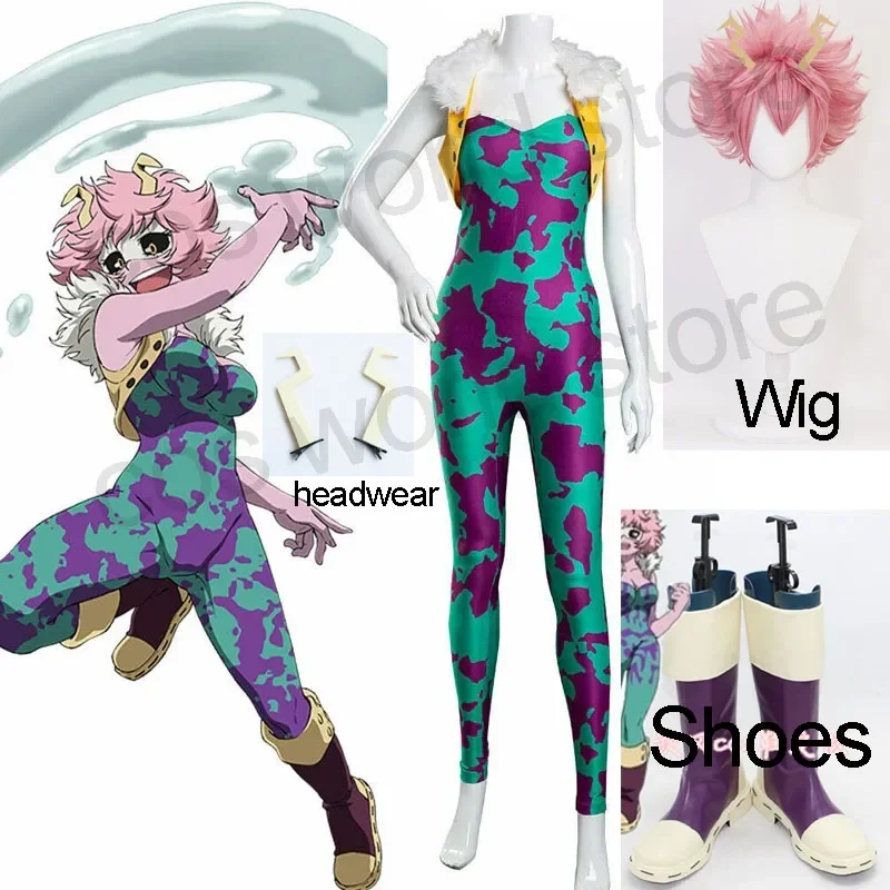 

My Hero Academia Ashido Mina Cosplay Costumes Women's Jumpsuit Anime Mina Ashido Tights and Wig Halloween Carnival Headwear Cos