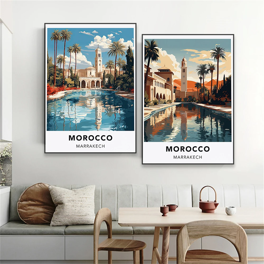 Morocco poster Marrakech Travel Print Landscape Cartoon Canvas Painting Morocco Travel Wall Art Home Office Reading Room Decor