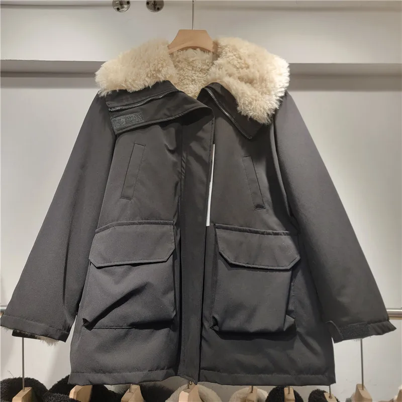 2025 Winter Women's Retro Army Green Plush Patchwork Big Lapel Parka Loose Casual Thickened Warm Winter Coat Jackets for Women