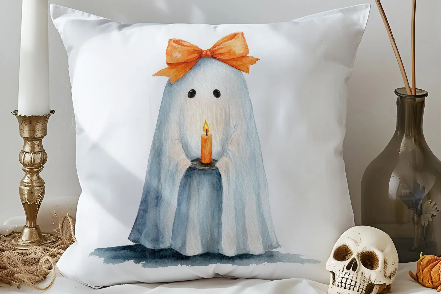 Home Decor Ghost with Umbrella and Pink Roses Pillow Cover Pattern Cushion Cover Suitable for Sofa Bedroom Car Pillow Cover