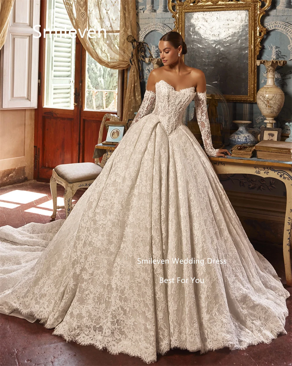 Smileven Ivory Lace Ball Gown wedding Dresses Sweetheart Off Shoulder Long Sleeve Bridal Dress Corset Train Gowns Customized
