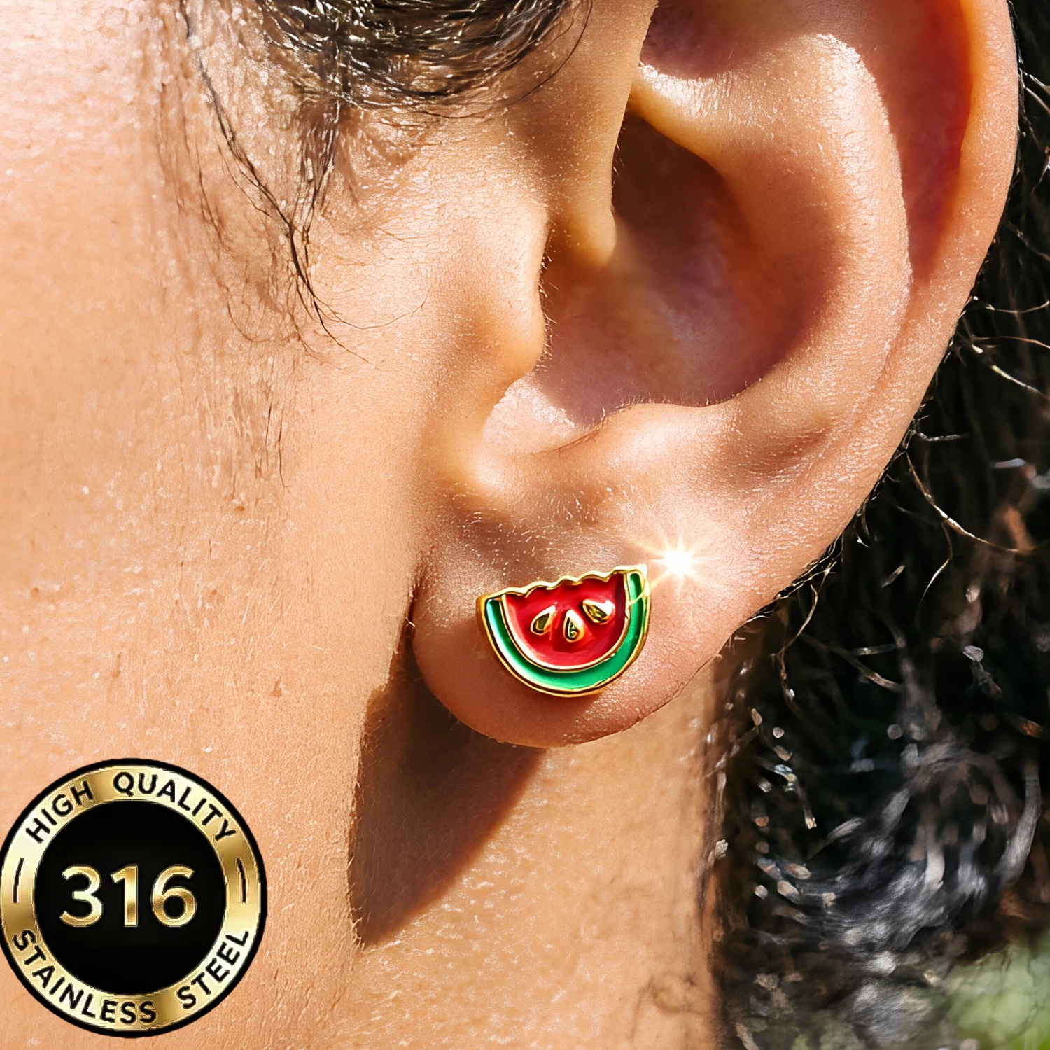 Cute Enamel Watermelon Fruit Earrings 316 Stainless Steel 18K Gold Plated Sweet Summer Party Daily Wear Ear Jewelry For Women