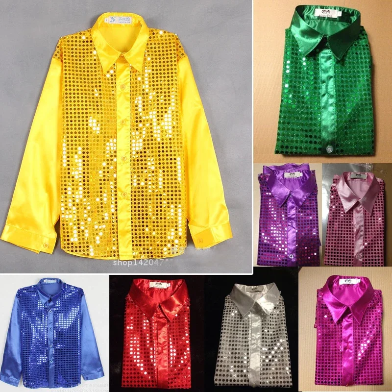 New Summer Kids Boys Long Sleeve Sequin Shirt Disco Hip Hop Jazz Dance Stage Show Chorus Shirt Fashion Lapel Button Casual Shirt