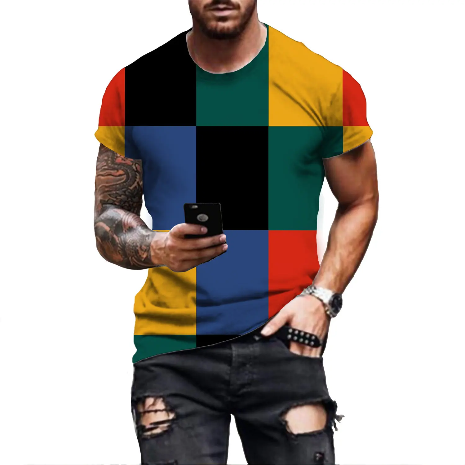 2022 Summer Fashion T-shirt Men\'s 3D Printed T-shirt Breathable Street Style Stitching Print T-shirt Men\'s tee