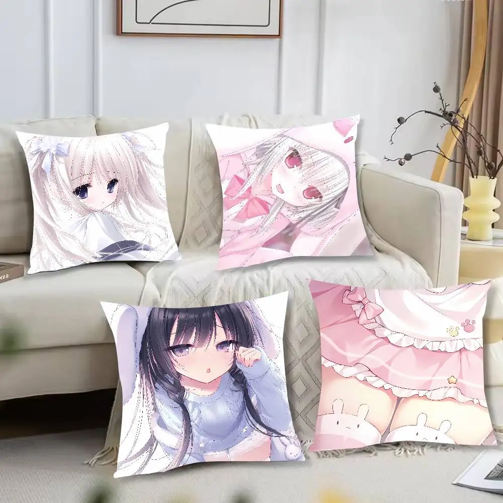 Kawaii Anime Girl Pillow Cover, Pink Lolita Cat Ear Maid Character Throw Pillowcase, Sweet Pastel Aesthetic Cushion Sofa Decor