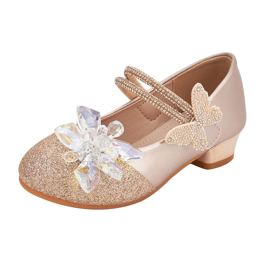 

Новинка 2026, кожаная обувь для девочек со стразами и кристаллами, детская нескользящая повседневная обувь на высоком каблуке с мягкой подошвой для вечеринок для детей