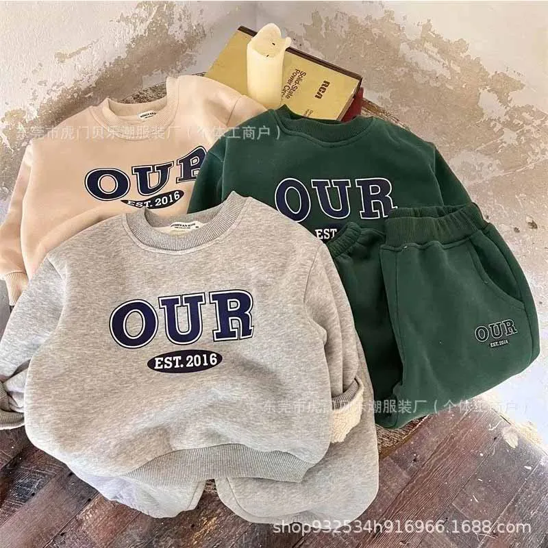 New Boys Round Neck Sweater Sets Children's Warm Casual Loose 2Pcs Autumn Winter Kids Long-Sleeved Letter Sports Suit 2-6Y