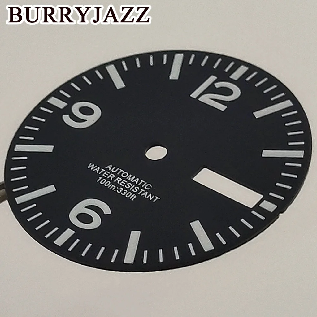 Burryjazz 29มม. ไม่มีโลโก้นาฬิกา NH36หน้าปัดสีดำสีเขียวส่องสว่างใส่ได้3นาฬิกา3.8นาฬิกาเม็ดมะยม
