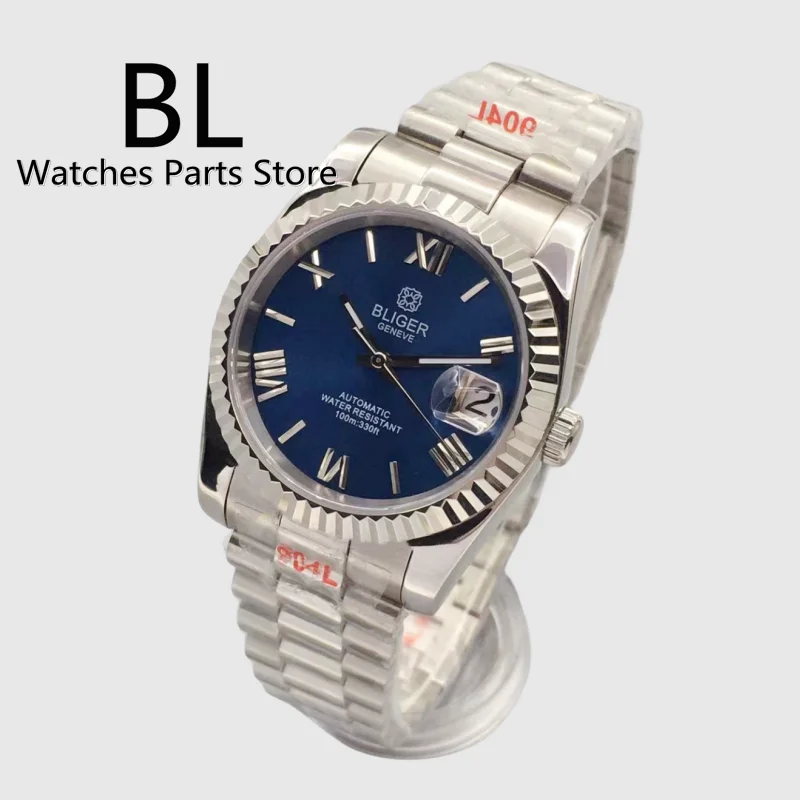 BLIGER-Montre automatique pour homme, placage NH35, mouvement zhu ata yota PT5000, lunette cannelée, saphir, verre, cadran bleu, Oyster Jubys, 36mm,