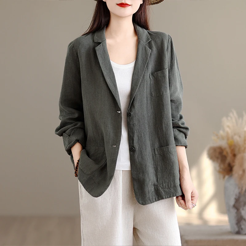 High-End Linen Suit Jacket Women's Loose Slimming Versatile Classic Style Casual Fashion Top for Autumn Season