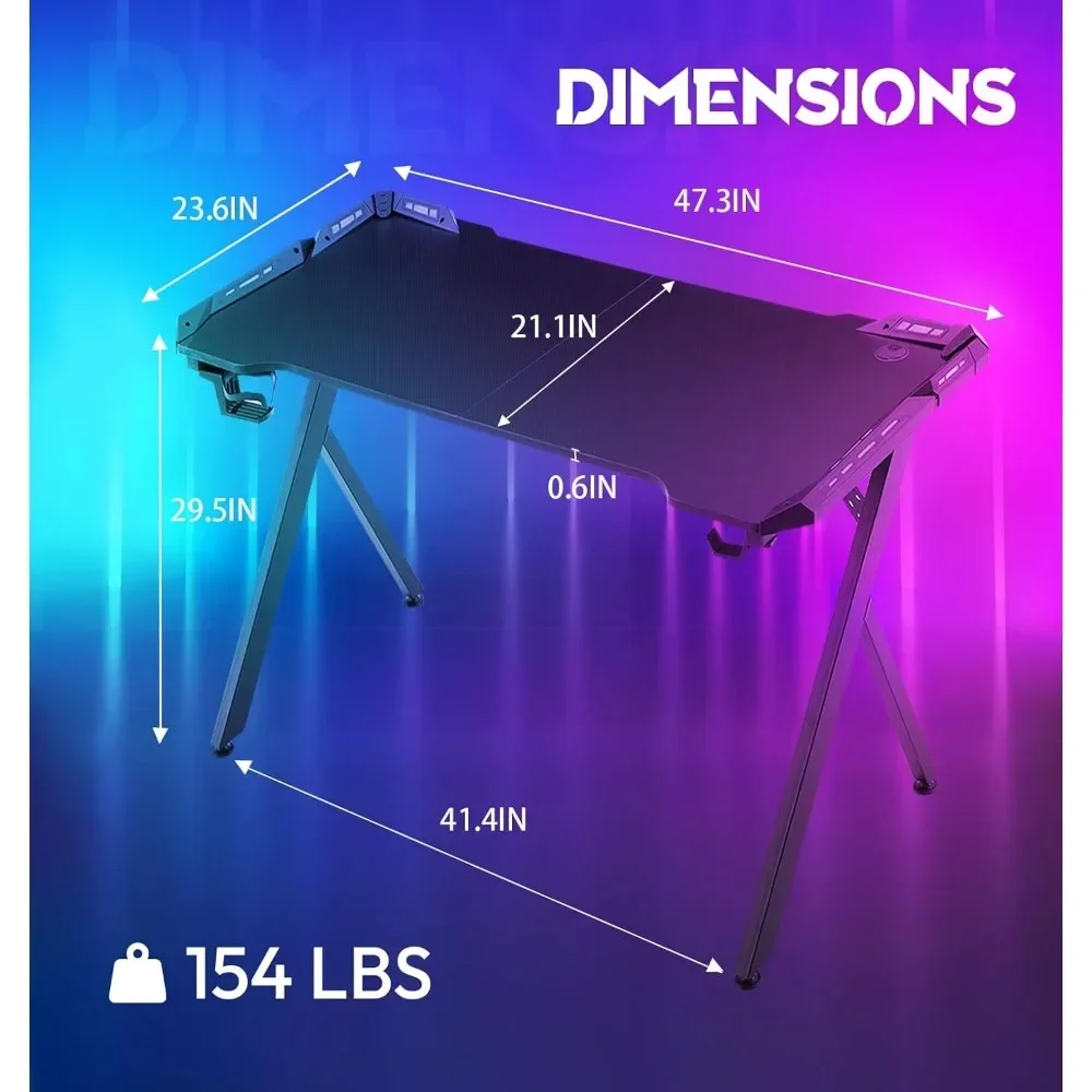 Tavolo da gioco, scrivania per computer da gioco RGB con superficie in fibra di carbonio, scrivania domestica a LED con telecomando, postazione di lavoro per PC