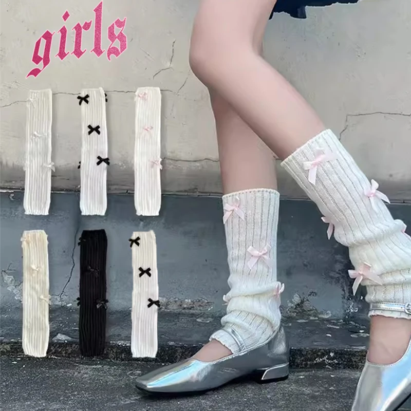 

2023 JK Lolita Girls Bow Streamer Leg Socks Knitted Leg Cover Leg Warmers Pile Socks Japanese Y2K Bow Leg Warmer Accessories