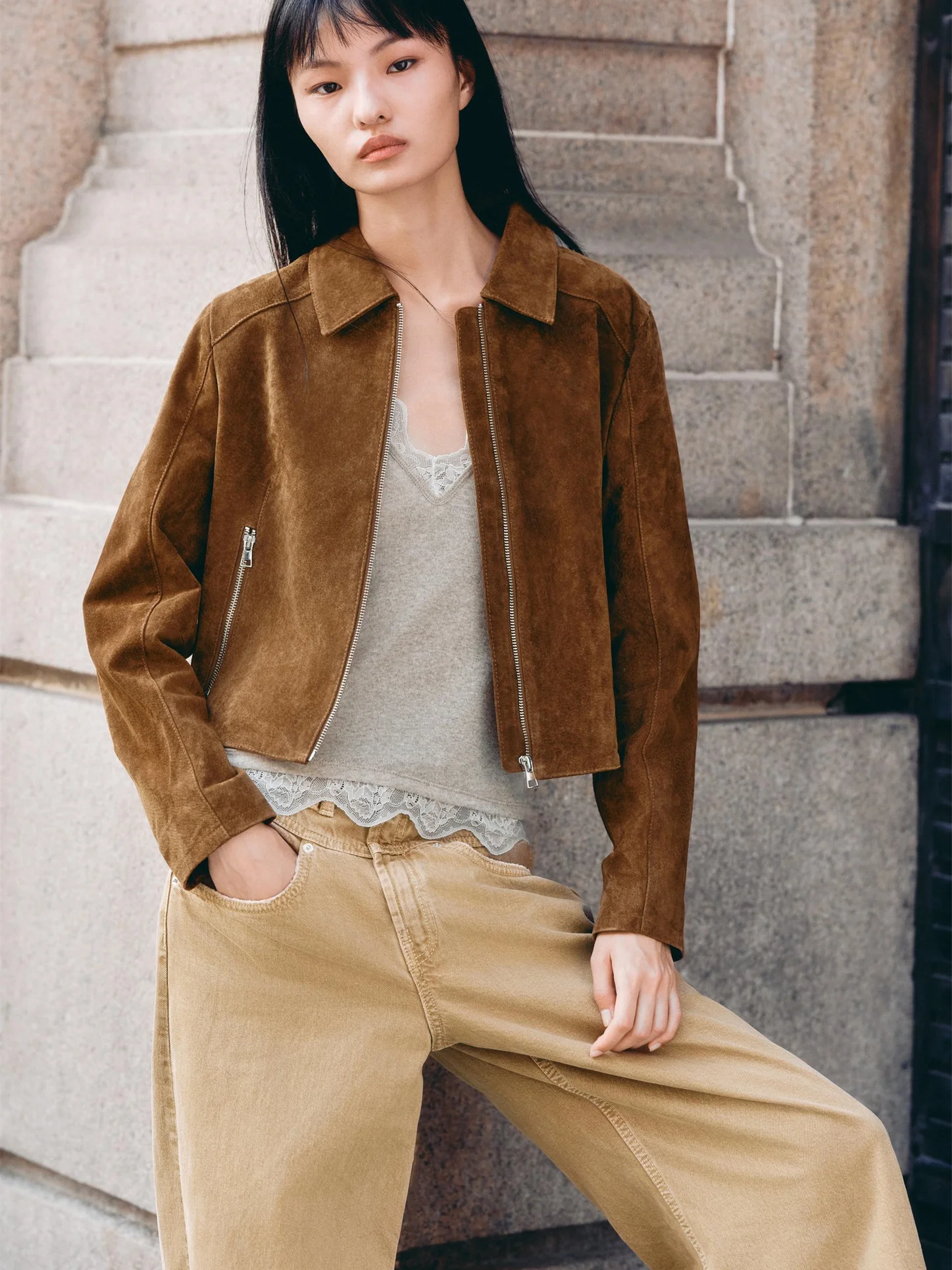 Faionable ort Puro Pelle Lunga Sve Jaet Donna Casual High-End Sensazione Autunno Nuovo Sle 8073255 Pendolarismo Sle Cerniera...