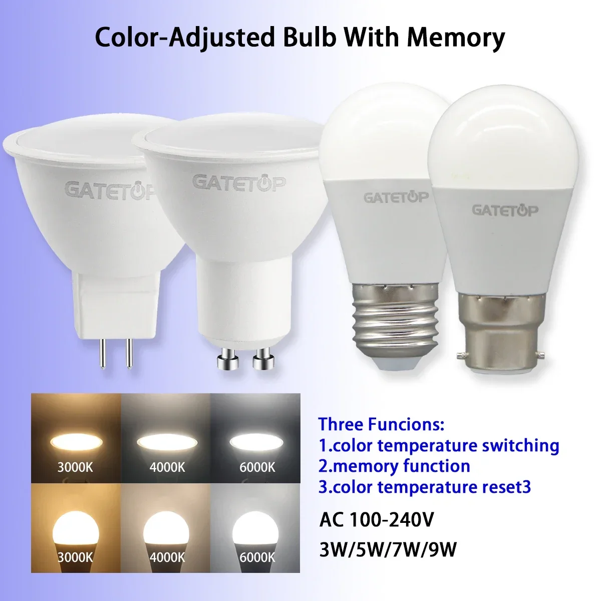 

4pcs LED Spot Light GU10 Wall switch CCT 3000K 4000K 6000K E27 B22 GU5.3 Base light Bulb AC110V 220V Memory Function Color