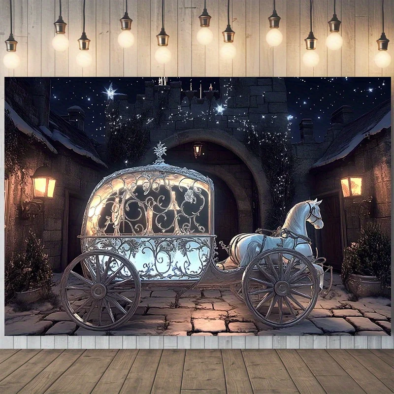 Cinderella Style Carriage In Snowy Night Village Art Print For Home Or Wedding Party Decoration