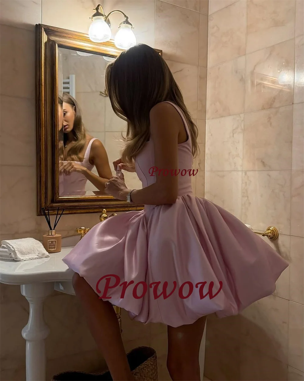 

Prowow Simple Pink Puffy Short Cocktail Prom Dresses Pleats Satin Off the Shoulder Mini Party Gown Customized партийное