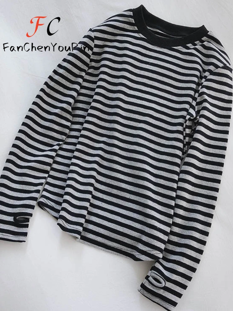 Spring Womens T-shirts 2024 New Korean Casual Soft Cotton Striped Long Sleeved Top Simplicity O-neck Versatile Loose Tees Female