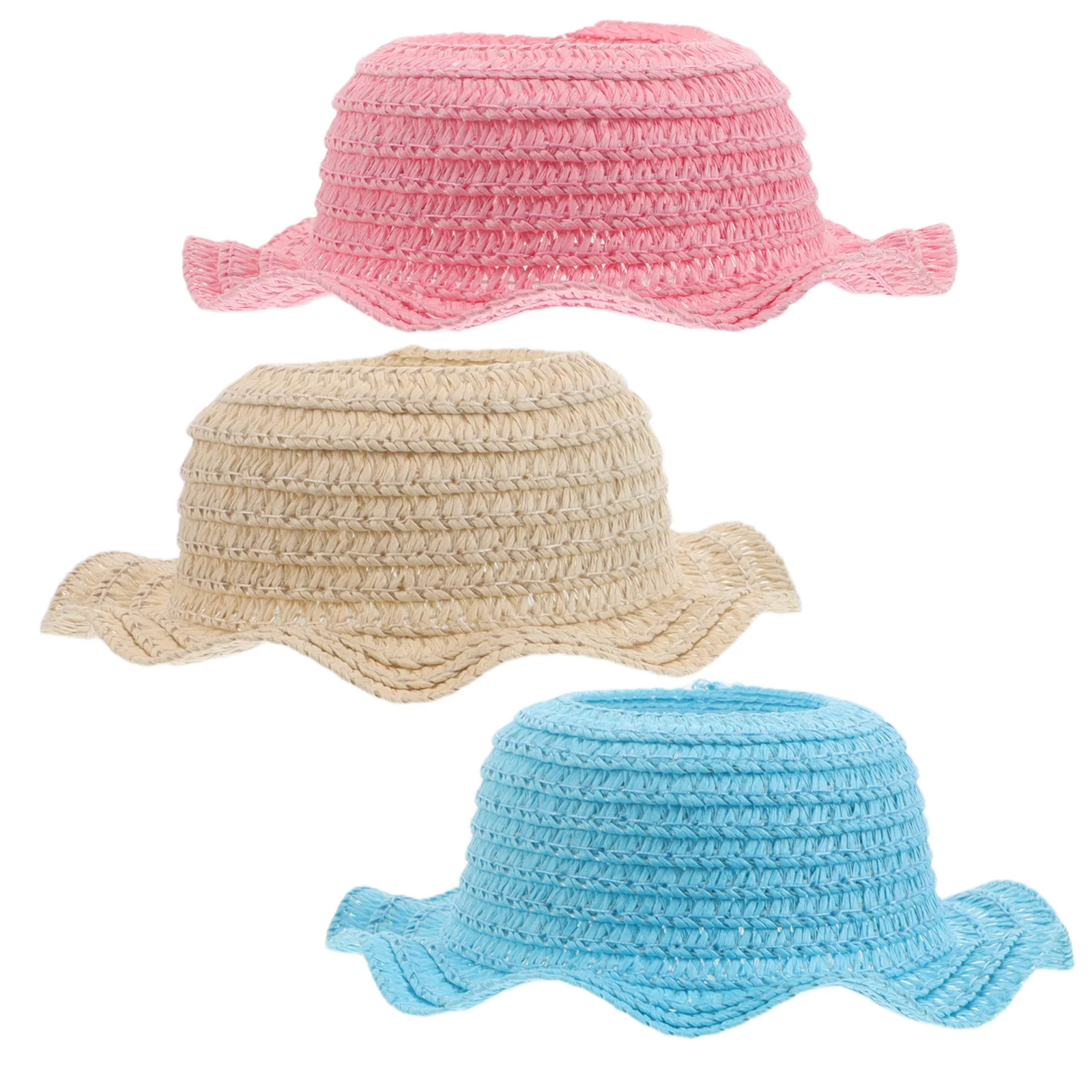 Chapeaux de paille au Crochet faits à la main, 3 pièces, Mini chapeaux de Protection solaire légers à dessus ouvert pour accessoires de déguisement de 17cm, chapeau au Crochet