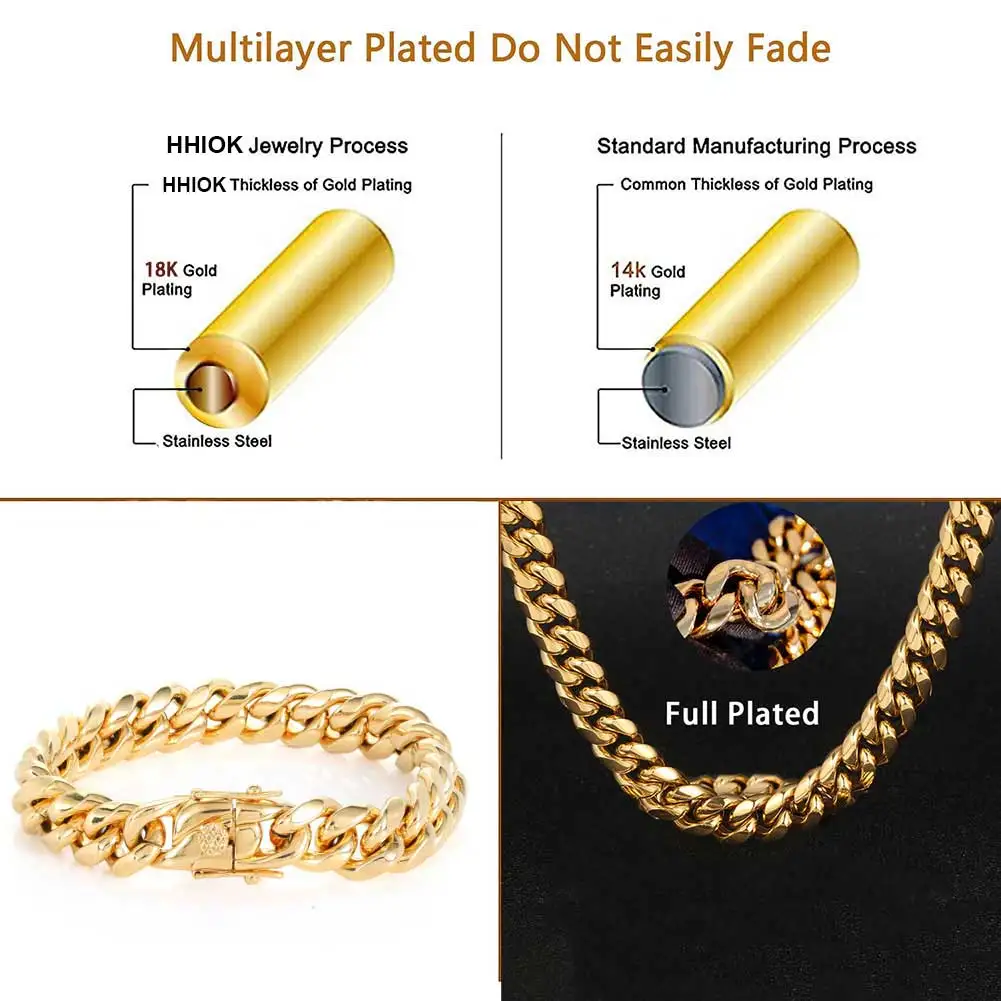 Gargantilha masculina pesada Miami cubana link corrente banhada a ouro 18k hip hop grosso aço inoxidável 8mm-14mm colar/pulseira