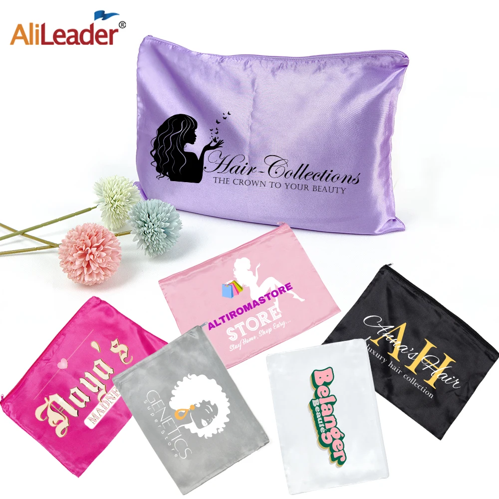 Custom Logo Contact US Zipper Satin Bag Silk Satin Bag Organizer Satin Zippered Wig Storage Bags For Packaging Wigs Bundles