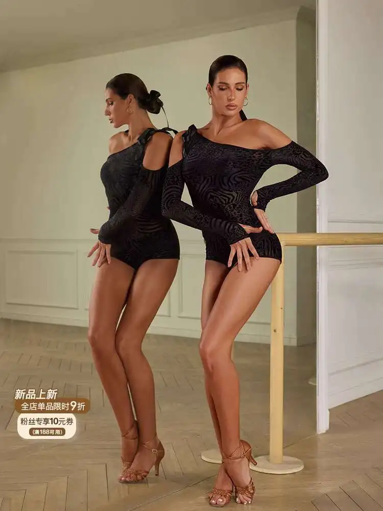 

Zym[Hepburn Whispered Softly]Top Jumpsuit Leopard Print Velvet Latin Dance Practice Outfit For Adult Women With Sloping