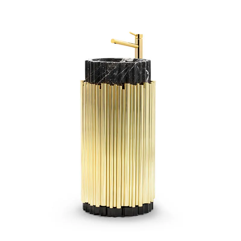 

Stainless steel gold high-end washstand hotel villa luxury art washstand light luxury marble column basin