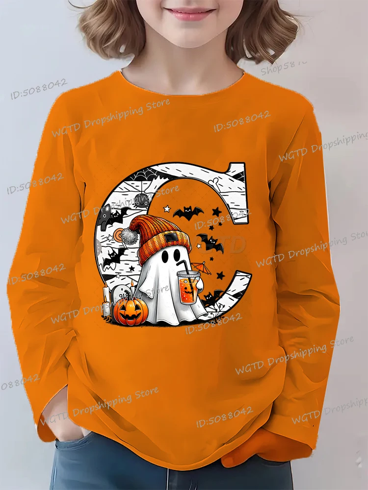 

Autumn Girls Boys Halloween Letter Clothes Kids Cartoon Alphabet Print Long Sleeve Tops Children Cartoon Haloween Cotton T-shirt