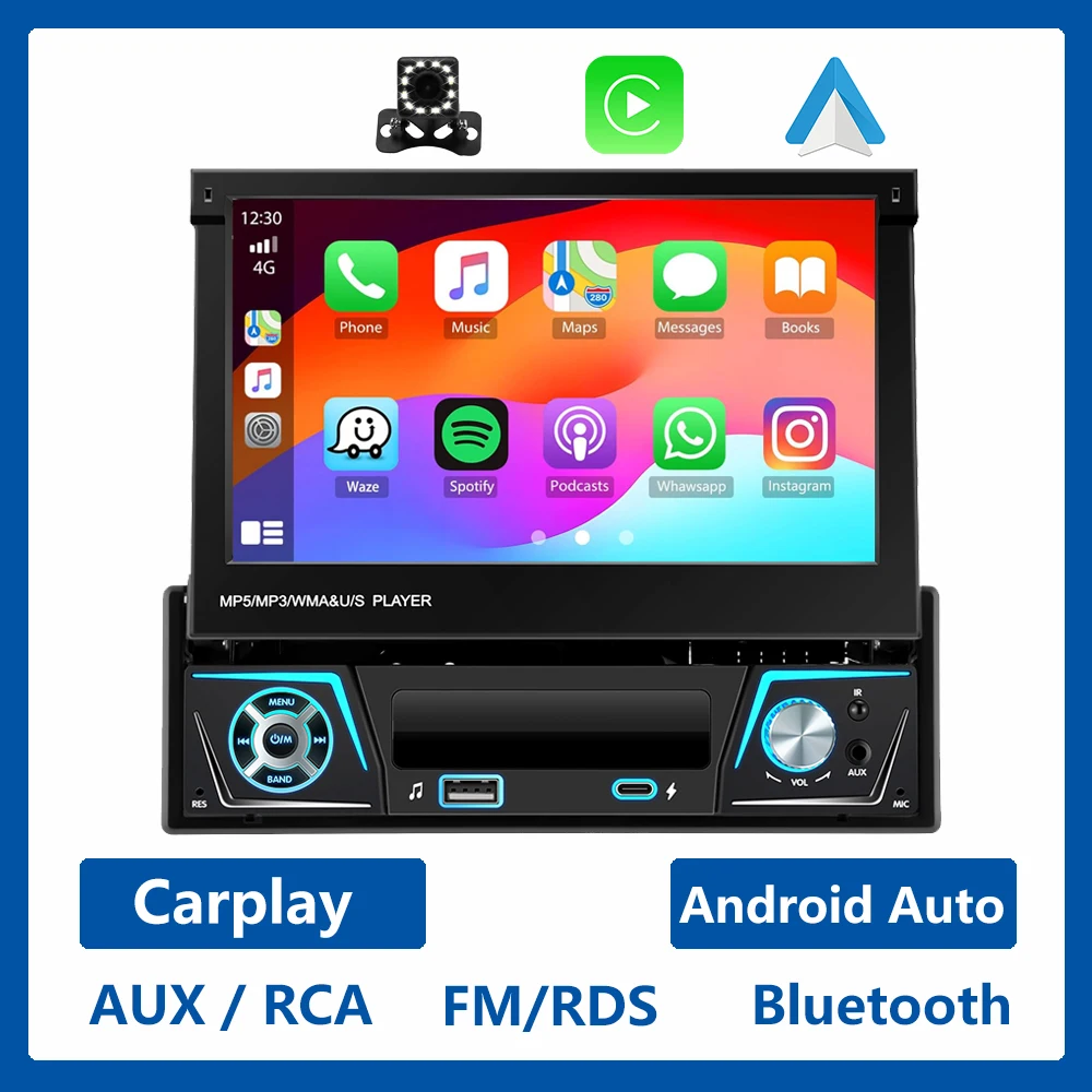 1 Din Autoradio Android 13 7-inch Carplay Android Auto Intrekbaar scherm Universele auto Multimedia Videospeler GPS WIFI FM BT - afbeelding 1