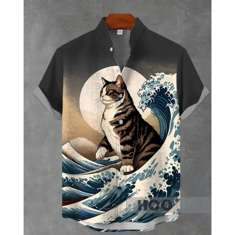 

Hawaiian Men's Striped Linen Shirt Short Sleeved Casual Top Oversized Sportswear Fashionable Men's Retro Mens Dress Shirts