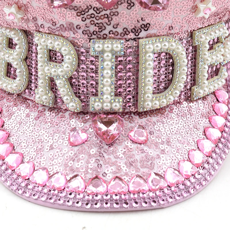 Fashion Women Pink Bride Captain Hat Military Cap Sergeant Bridal Hat Hen Do Hat Festival Birthday Part Hat Luxury Rhinestone